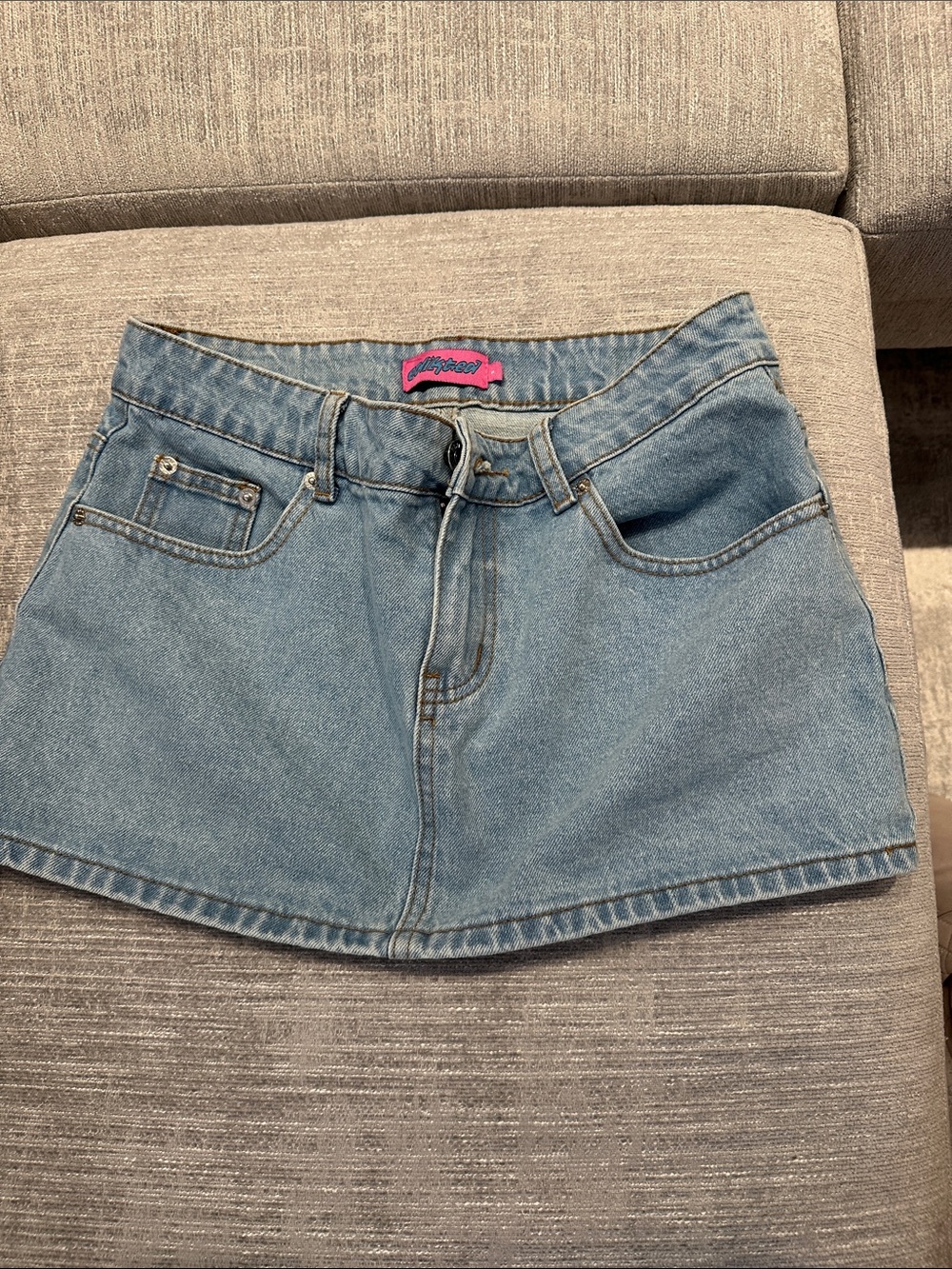 Edikted Light Blue Denim Mini Skirt with Front Pockets